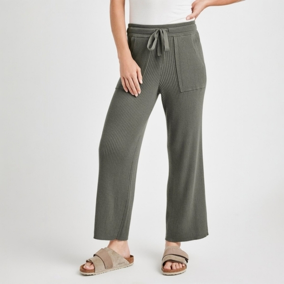 Splendid Pants - Splendid Rib Wide Leg Crop Pant In Soft Vintage Olive Branch, XL,